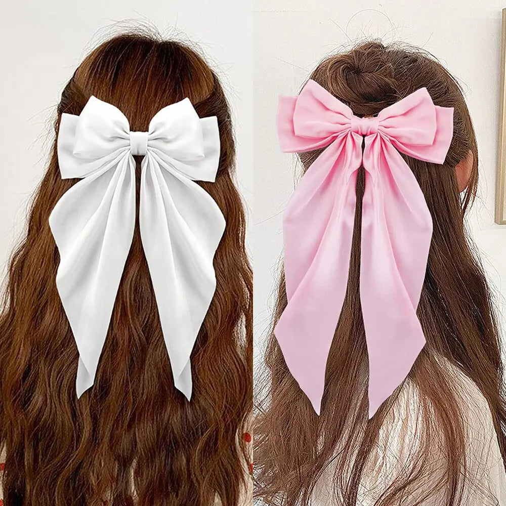 Women Elegant Bow Ribbon Hair Clip Fashion Solid Satin Spring Clip