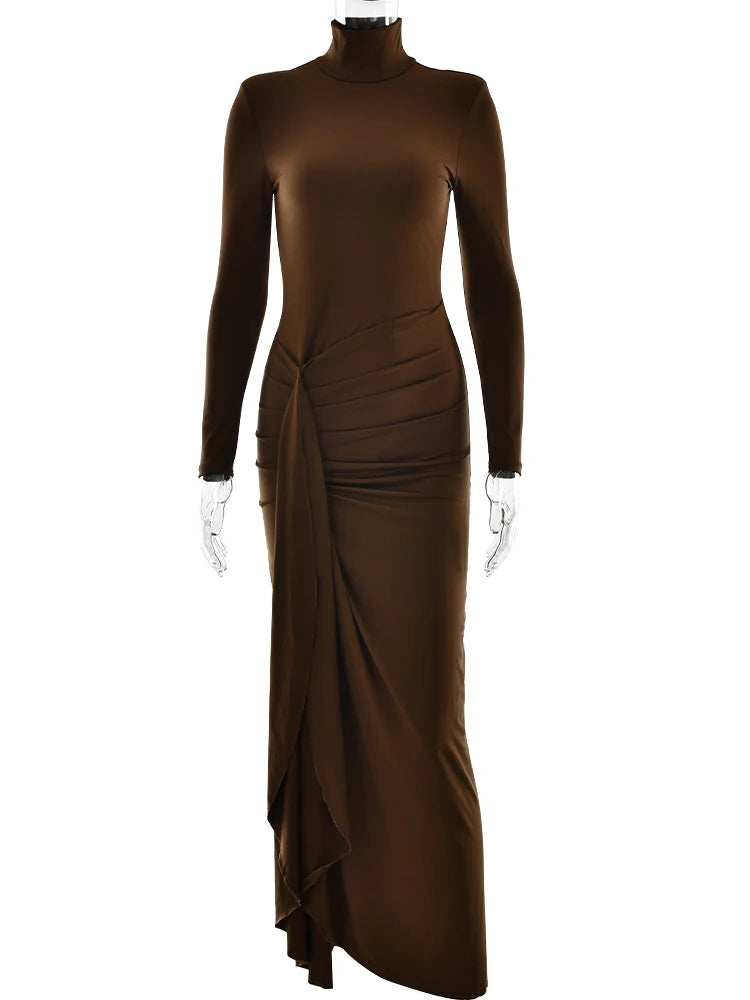 JULISSA MO Sexy High Slit Bandage Women Long Dress Black Turtleneck
