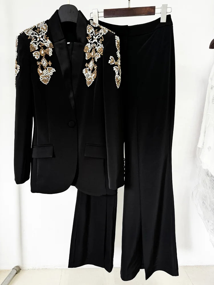 HIGH STREET Newest 2024 Designer Suit Women Beaded Diamonds Stand