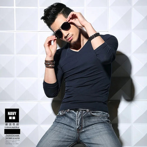 Lycra Cotton Men's T-Shirts Long Sleeve V Neck T Shirt MRMT Men