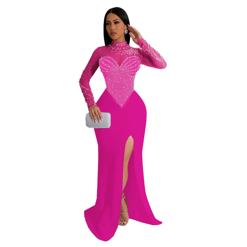 BWQ Women Long Sleeve Diamonds Hot Rhinestones High Side Split Mermaid