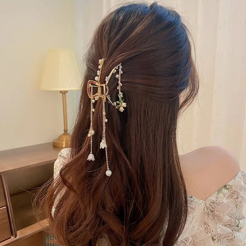 Imitation Pearl Flower Decor Charm Hair Claws For Women Girls Large