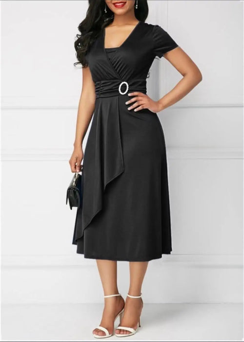 Summer Dresses Elegant Women Solid Color Short Sleeve V Neck