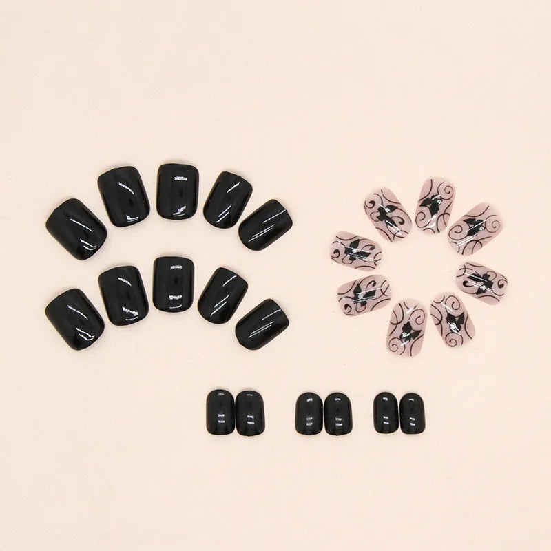 24pcs/set short saure fake nails for Spring summer season french style flowers butterfly design press on false nail art tips