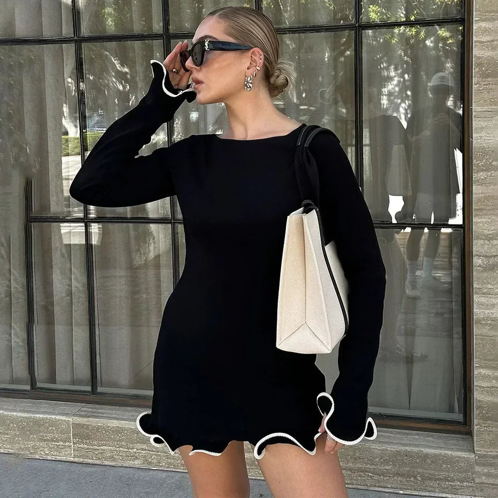 Talenza Black Ruffle High Waist Mini Dress Women's Sexy Slim Long