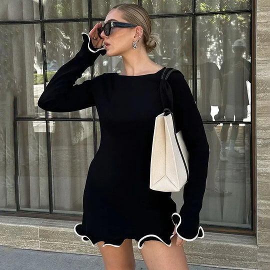 Talenza Black Ruffle High Waist Mini Dress Women's Sexy Slim Long