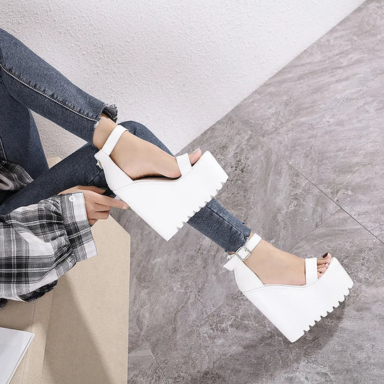 16cm White Wedge Heel New Summer Thick Heel Platform Dance Shoes Sexy T-stage Night Club Super High Heel Women's Sandals