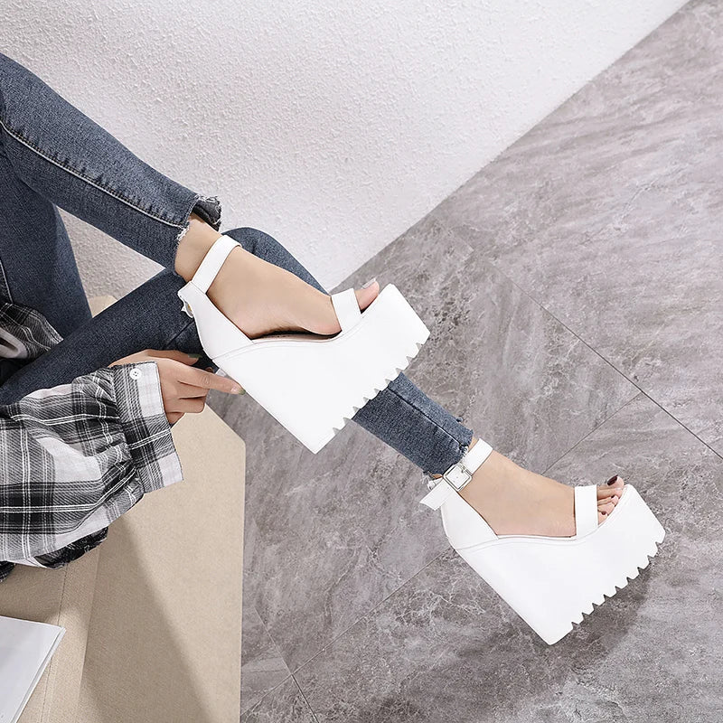 16cm White Wedge Heel New Summer Thick Heel Platform Dance Shoes Sexy T-stage Night Club Super High Heel Women's Sandals