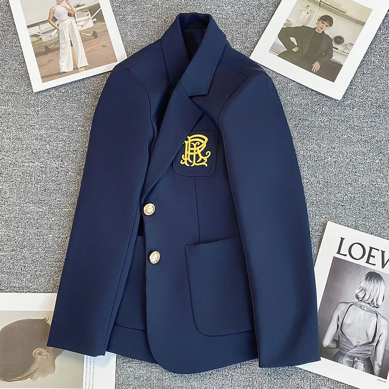 Navy Blue Blazer Jacket Women Single Breasted Pocket Embroidery