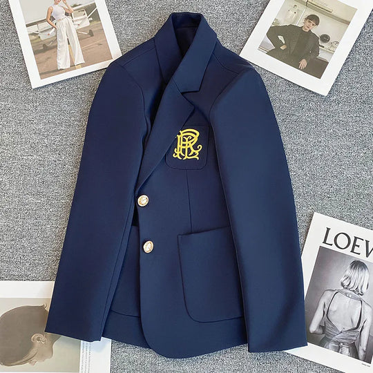Navy Blue Blazer Jacket Women Single Breasted Pocket Embroidery