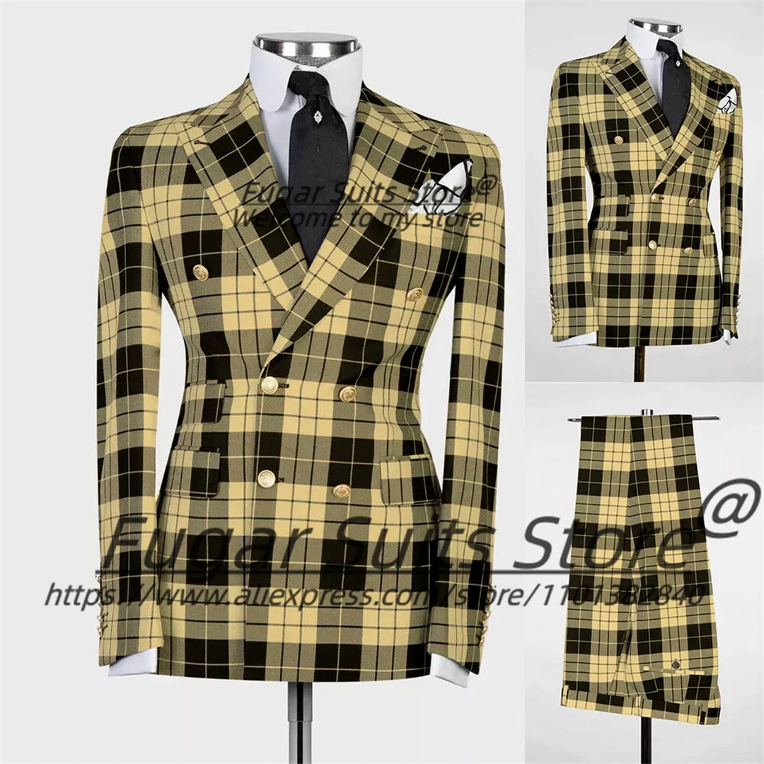 British Plaid Men Suits Slim Fit Double Breasted Groom Wedding Tuxedos 2 Pieces Sets Elegant Male Blazers Ropa Hombre