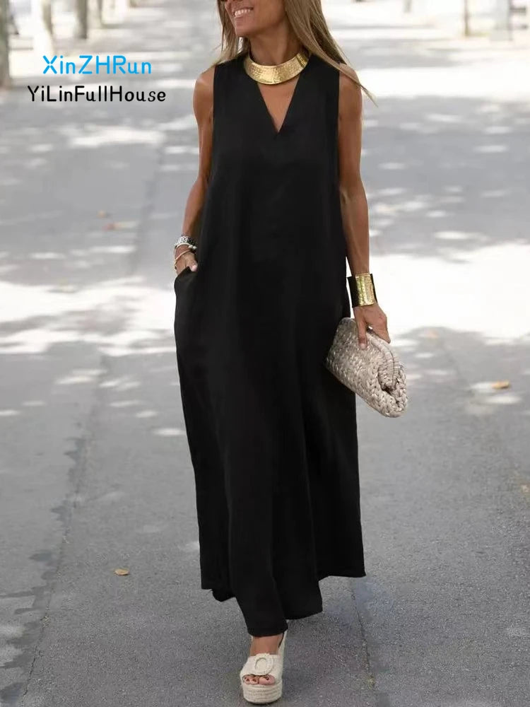 Summer New Women's Fashion Casual V-neck Pocket Sleeveless Large Tank Top Dress Korean Solid Color Loose Cotton  Hemp Long Dress
