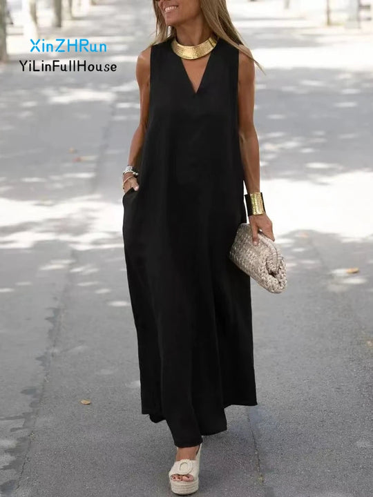 Summer New Women's Fashion Casual V-neck Pocket Sleeveless Large Tank Top Dress Korean Solid Color Loose Cotton  Hemp Long Dress