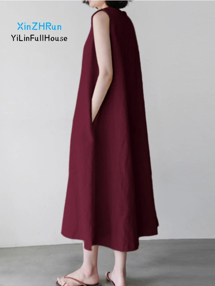 Summer New Women's Fashion Casual V-neck Pocket Sleeveless Large Tank Top Dress Korean Solid Color Loose Cotton  Hemp Long Dress