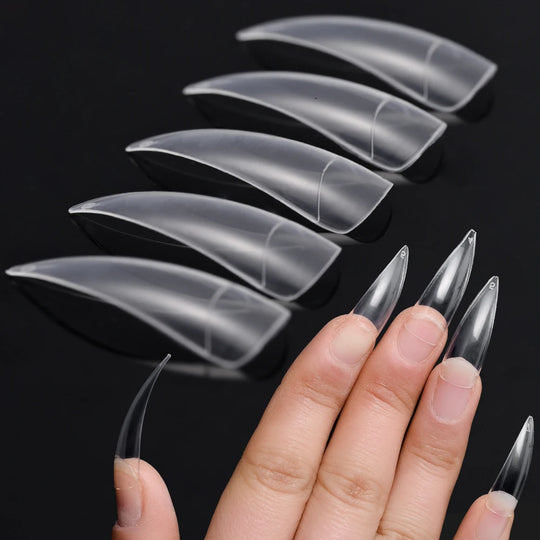 600Pcs Curved Eagle Hook Shape Fake Nail Tips 10 Size Half Cover Acrylic False Nails Clear Natural Long Sharp Stiletto Nail Tips