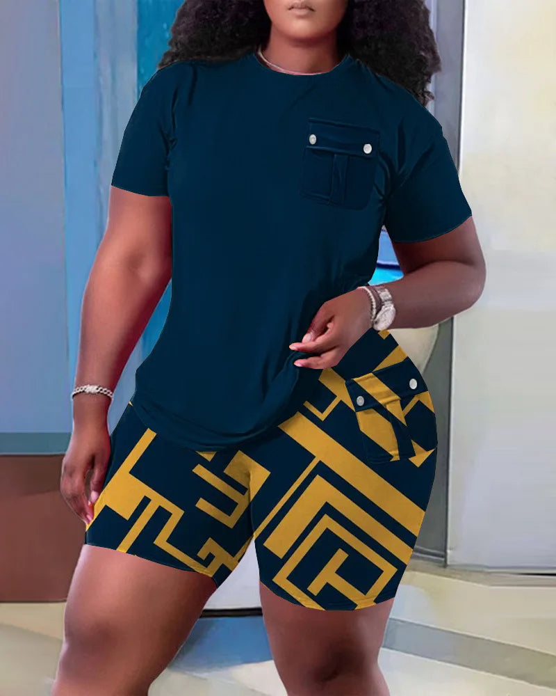 Fashionable Summer New Fashionable Pocket Set High End Simple Loose Printing Short Breathable Casual Home Pocket Set