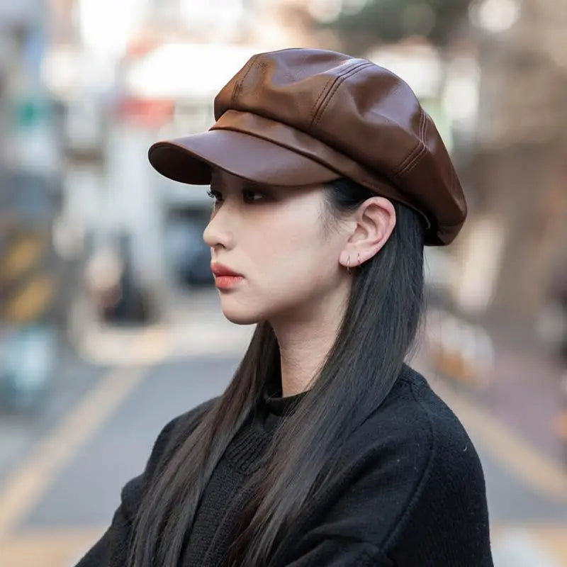 Women Men PU Leather Berets Hat Retro British Solid Beret Baseball Cap Outdoor Sun Hat Winter Warm Octagonal Hats Newsboy Caps