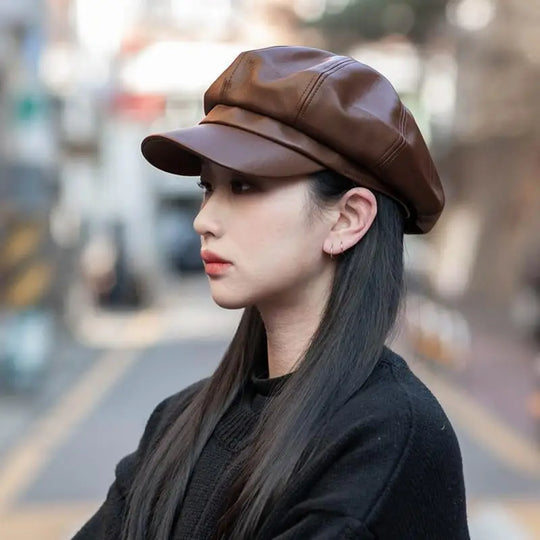 Women Men PU Leather Berets Hat Retro British Solid Beret Baseball Cap Outdoor Sun Hat Winter Warm Octagonal Hats Newsboy Caps