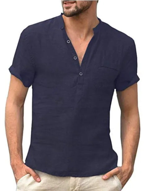 High Quality New Men'S Linen V Neck Bandage T Shirts Male Solid Color