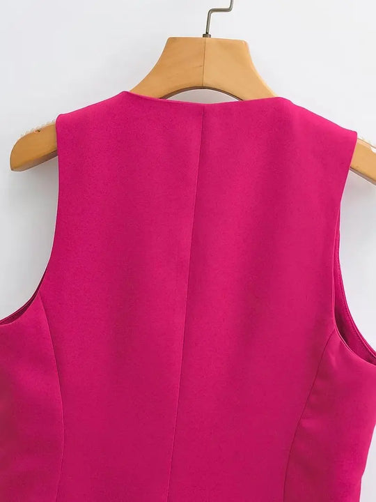 Women Fashion V Neck Sleeveless Pockets Short Vest Jacket Office Lady