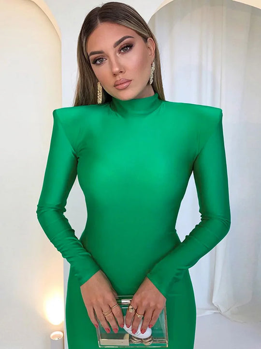 Shoulder Padded Long Sleeve Bodycon Green Party Club Maxi Long Dress