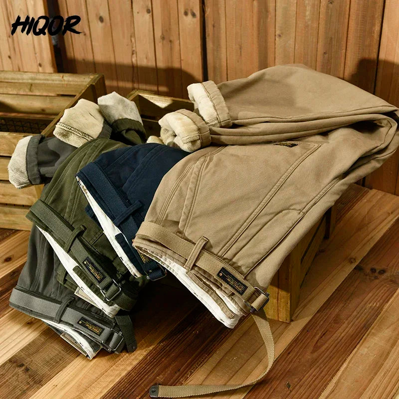 HIQOR Winter Cargo Pants Men Warm Thicken Outdoor Trousers Loose