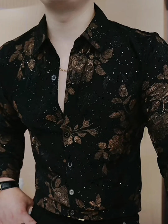 New Long-sleeved Printed Lapel Shirt Versatile Men Fashionable Thick Korean Button Sequins