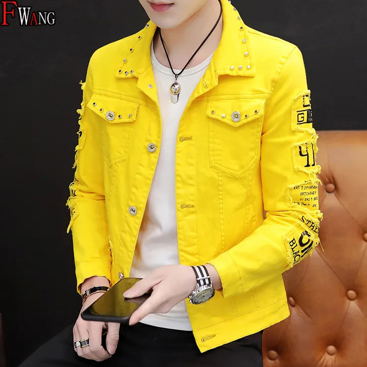 Men's Vintage Denim Jacket High Street Ripped Denim Rivet Street Riding Biker Clothing Handsome Buttoned Lapel Men's Clothing
