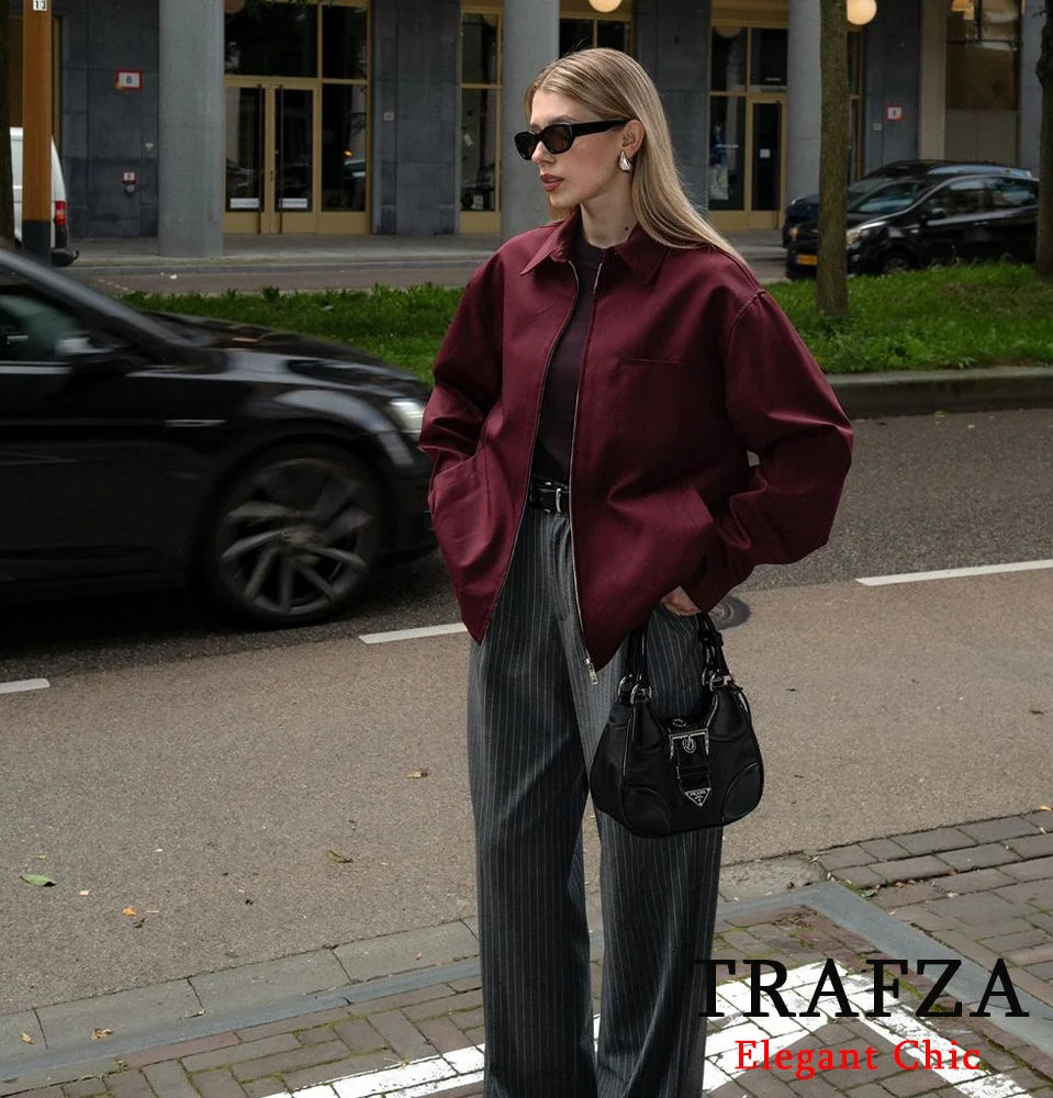 TRAFZA-Women Vintage Loose Zipper Jacket Lapel Burgundy Color Jacket