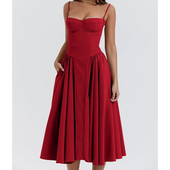 Elegant Spaghetti Strap Midi Dress Women Party Slim A Line Solid Suspender Lady Dresses New Spring Summer Fashion Sexy Vestidos