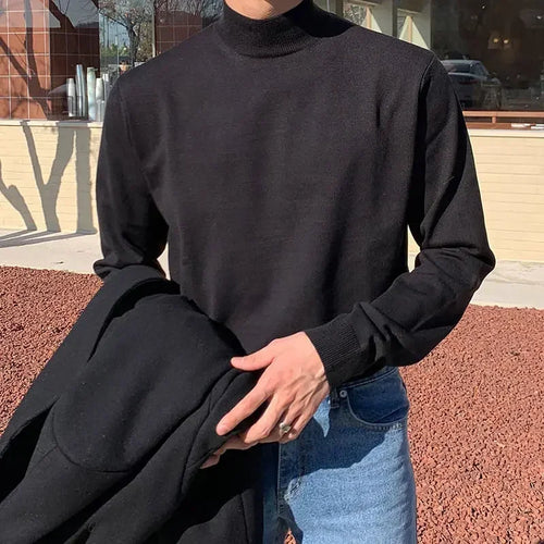Autumn Winter Half Turtleneck Sweater Men's Long-sleeved Korean Solid