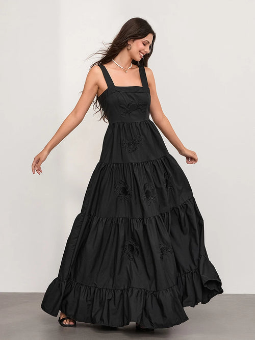 wsevypo Elegant Flower/Strawberry Embroidery Long Flowy Hem Dress