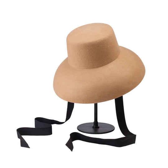 Vintage Elegant Autumn Winter Wool Felt Fedora Hat for Women Flat Top Wide Downturned Brim Hat with Tie Band Church Hat