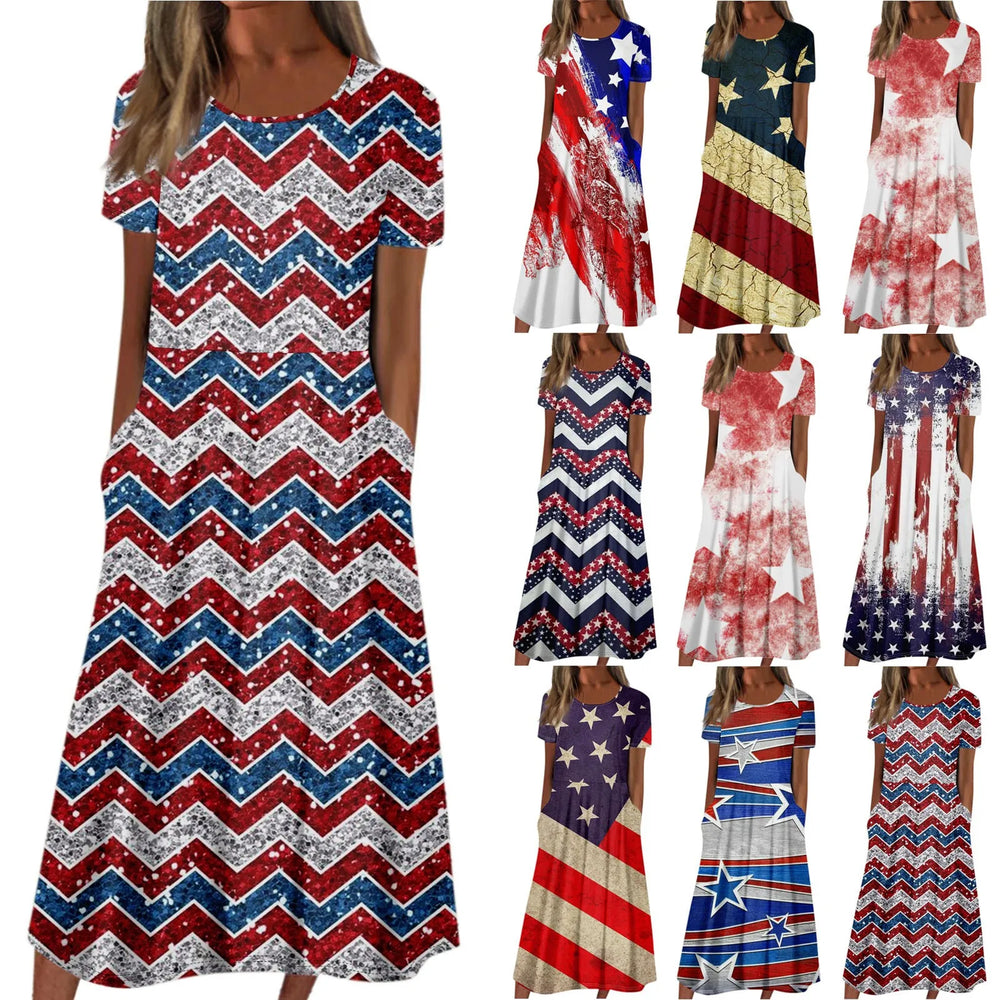 Women's Summer Dresses Casual Fashion Independence Day Printed Dress New Short Sleeved Round Neck Pocket Dress vestidos longos
