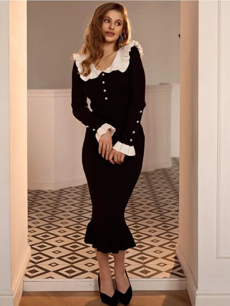 Tossy Ruffled Patchwork Knit Maxi Dress For Women Elegant Ribbed Long