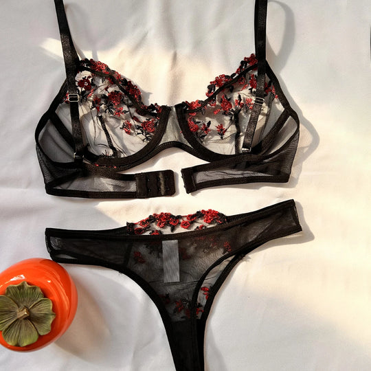 Sexy Set Womens Underwear Exotic Emotional Bra Set Embroidered Print