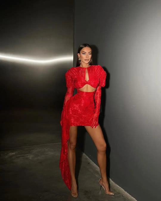 High Quality Red White Women Long Sleeve Sexy Lace Draped Bodycon Mini