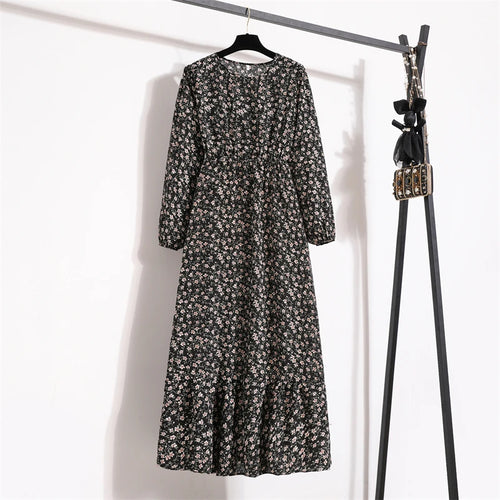 Spring Summer Women Maxi Dresses Casual Full Sleeve Floral Printed