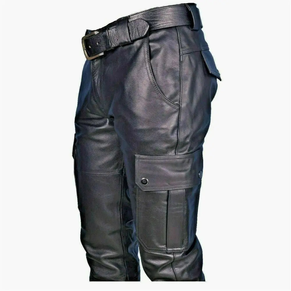Men's Leather Motorcycle Pants with Cargo Pockets, Black, PU Pants  No