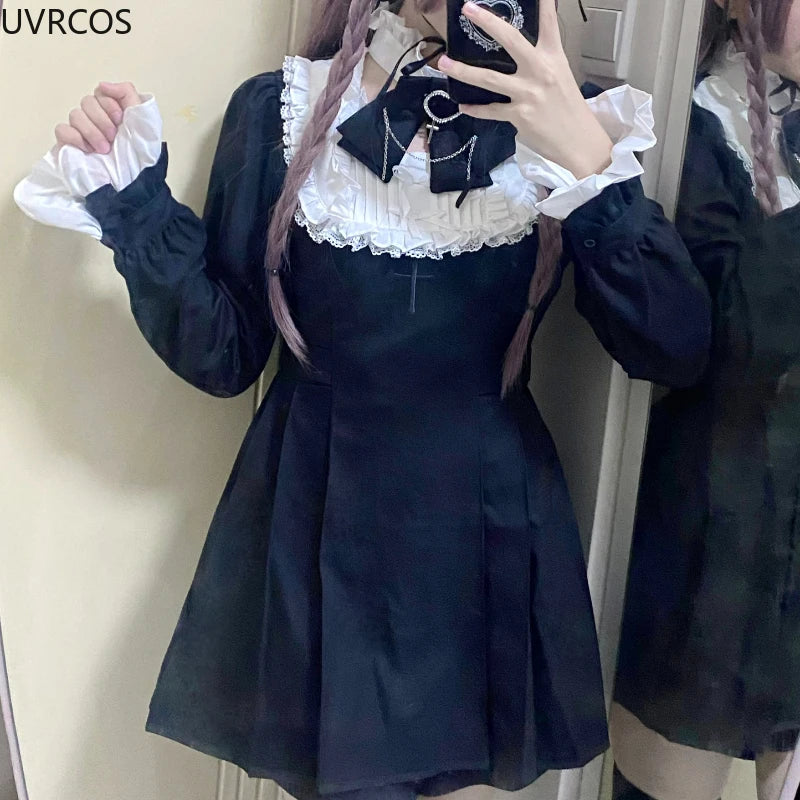 Japanese Punk Style Y2k Lolita OP Dress Women Vintage Elegant Ruffle