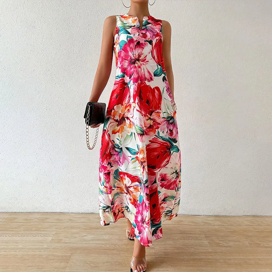 Summer Loose Dress Fashion Floral Digital Print V-Neck Vest Pocket Dress Casual Elegant Sleeveless Evening Dress For Women