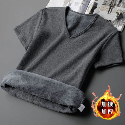 Plus Velvet Thickening short Sleeve Men T-Shirt V-neck Soft Warm