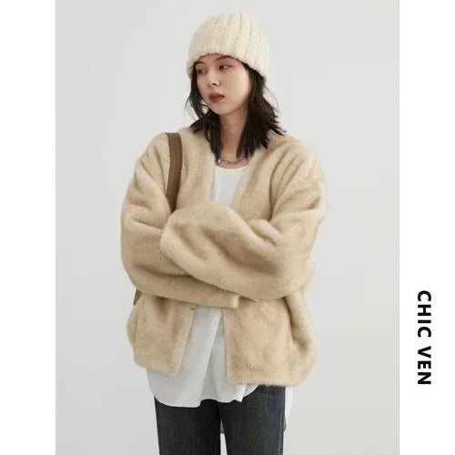 CHIC VEN Women's Jacket Loose Casual Solid Overcoat New Female Plush