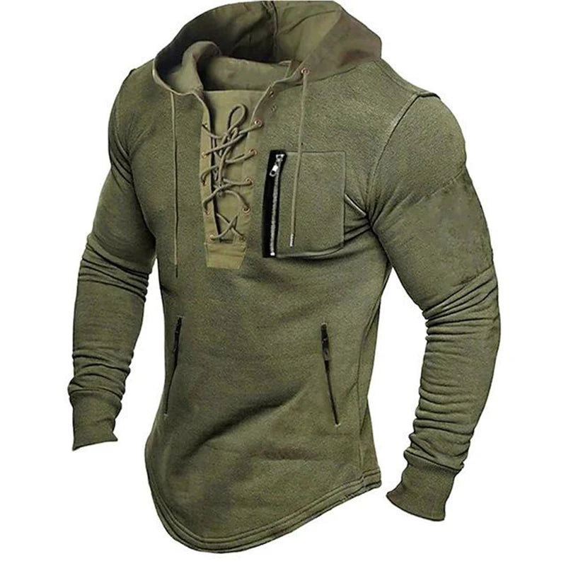 2024 Men Autumn Spring Top Lace Up Drawstring Solid Color Long Sleeve