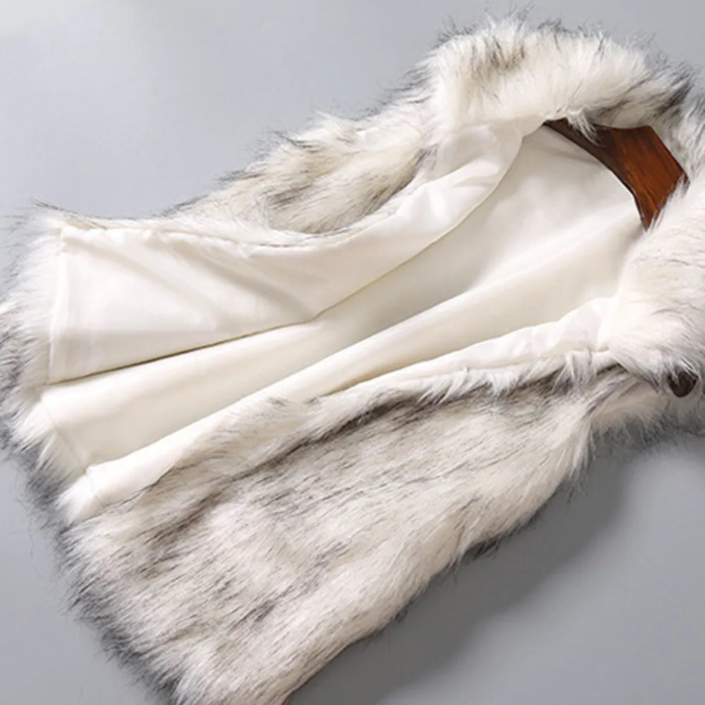 Winter Women's Vest Coat Wool Vest Faux Fur Vest Stand Collar Faux Fur