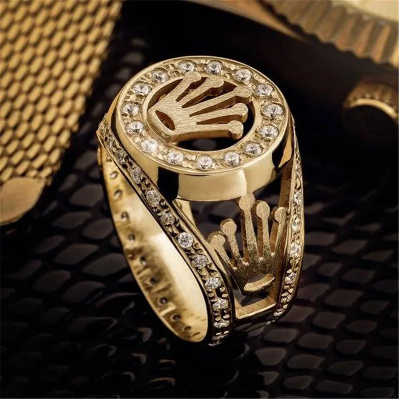 Popular Gold Color Letter K Men Ring Trophy Pattern Dazzling CZ Husband Wedding Party Ring Birthday Gift Fashion Jewelry