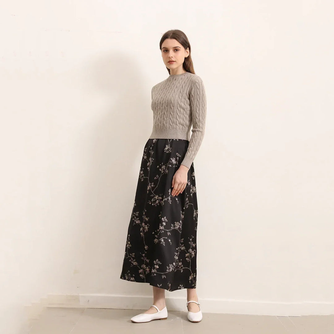 AP Women 2025 Autumn New Floral Printing Satin Dress Lady Elegant