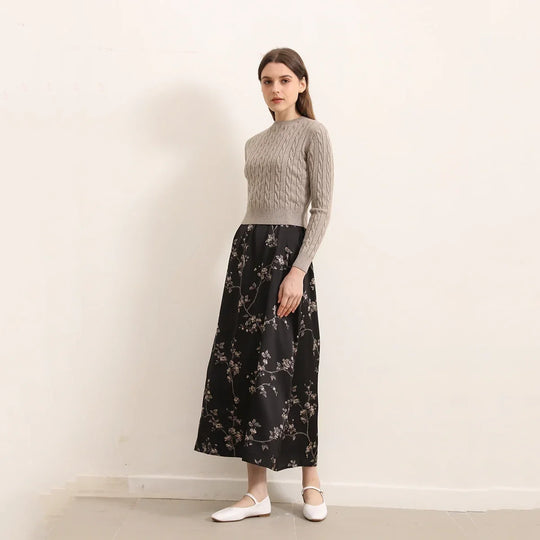 AP Women 2025 Autumn New Floral Printing Satin Dress Lady Elegant