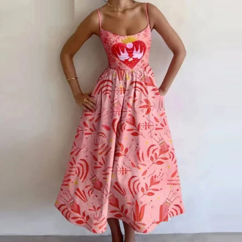 Summer New Women's Fashionable Fish And Shrimp Print U-neck Pleated