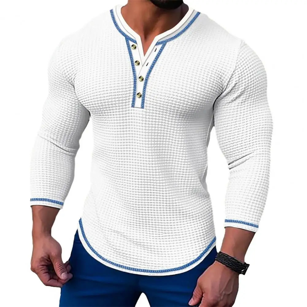 New Men's Waffle Solid color T-shirt Long sleeve V-cardigan Henry Neck